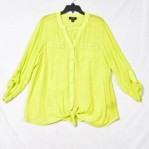 AGB Women's Line Green Blouse Size XL Roll Tab Sleeve Front Tie